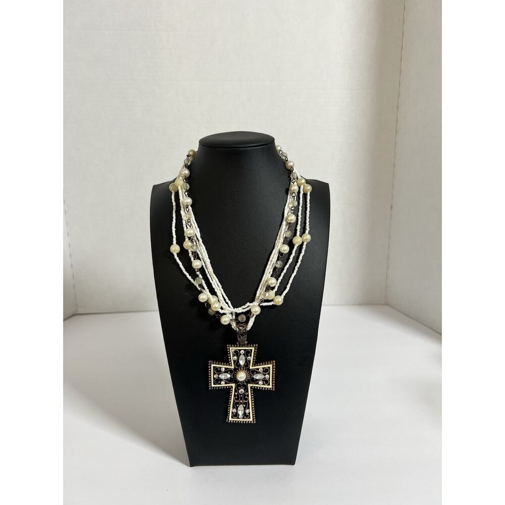 Multi-strand Faux Pearl Necklace Ornate Baroque-style Rhinestone Cross